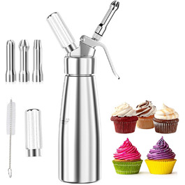Професійний дозатор для вершків з нержавіючої сталі, 500 мл, з 3 насадками та щіткою для чищення