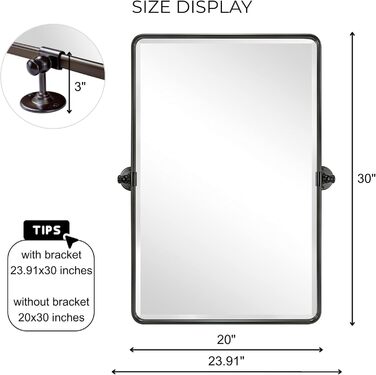 Дзеркало для ванної кімнати TEHOME 50,8 x 61 см, поворотне, матовий чорний, прямокутне, з металевим каркасом, для вертикального кріплення на стіну