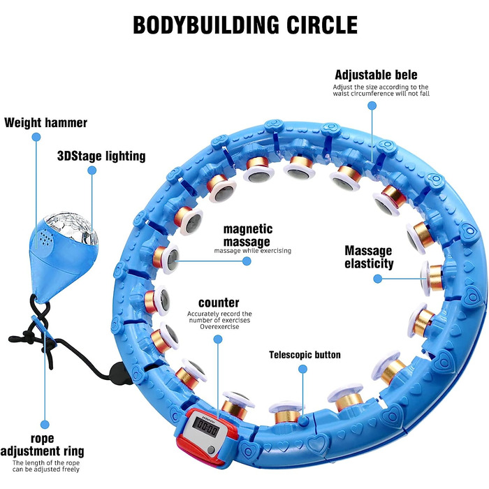 Розумна обручка wepai для дорослих, обруч з вагою з магнітною подушкою для масажу, 24 регульованих рахункових обруча зі світлодіодними гравітаційними кульками для вправ, фітнесу, схуднення, синього кольору