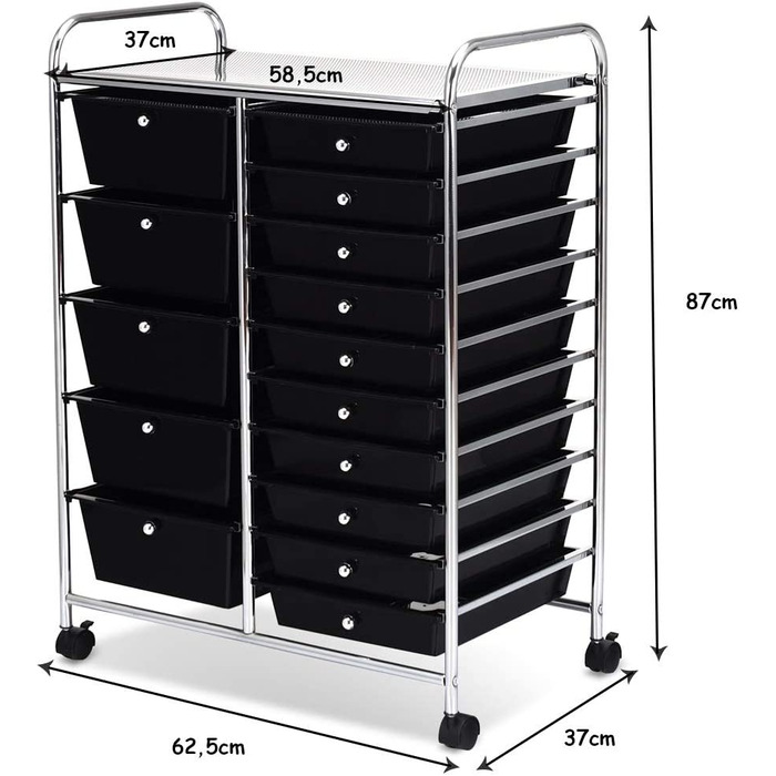 Візок COSTWAY з 15 ящиками, металевий каркас, полиця, 62.5x37x87 см, чорний, 5 великих 10 маленьких