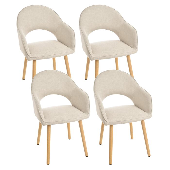 Набір з 4-х оббитих стільців для їдальні з підлокітниками, бежевий колір, дерев'яні ніжки. Підходять для кухні та вітальні.