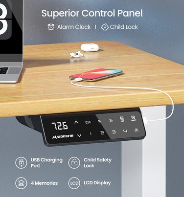 Електричний регульований стіл MAIDeSITe з 2 моторами, 4 пам'яттю та захистом від зіткнень (72-120 см, білий)