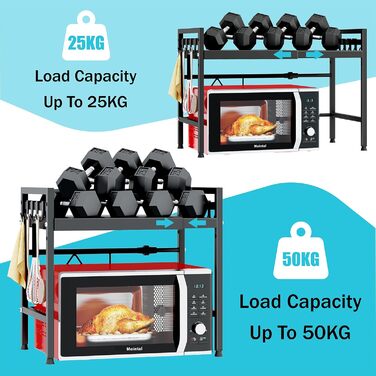 Регульована підставка для мікрохвильової печі, 2-рівнева розширювана, з вуглецевої сталі, з 8 гачками, чорна