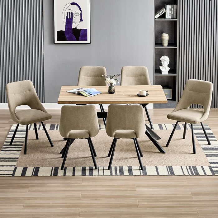 Обідні стільці поворотні 4 шт., 180° обертання, м'яка тканина кашмір-бавовна, чорні металеві ніжки, для кухні, вітальні, їдальні, хакі, 4 шт.