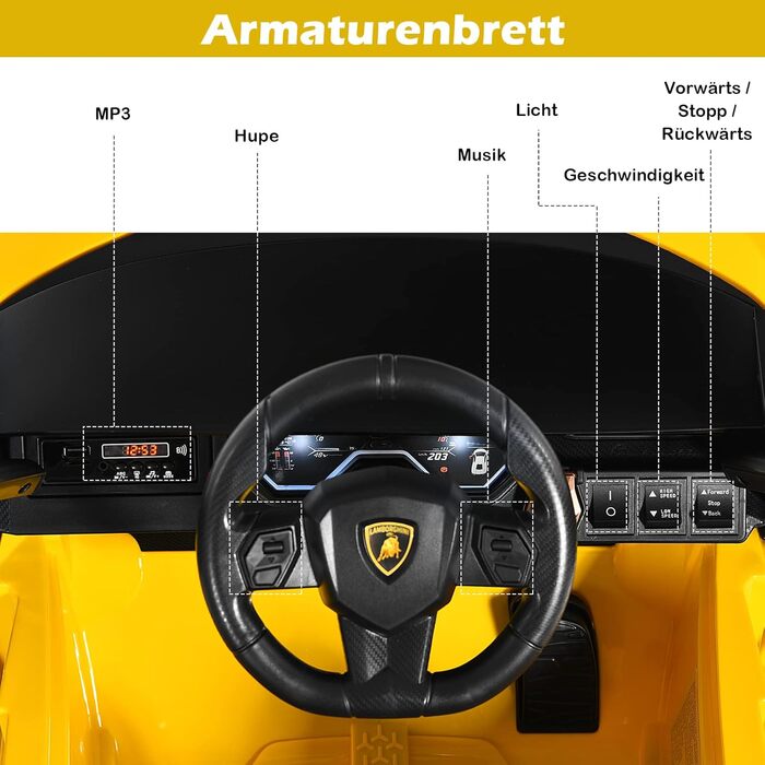 Дитячий електромобіль Lamborghini 12V з пультом, ременем безпеки, світлом, музикою і сигналом, жовтий – електрокар для дітей від 3 років