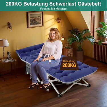 Розкладне кемпінгове ліжко з матрацом та кишенями, сталевий каркас, навантаження до 200 кг, 190x71x36 см, синій