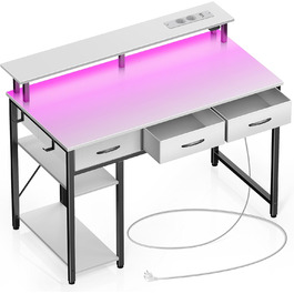 Комп'ютерний стіл Rolanstar з ящиками, розетками та LED підсвіткою, геймінговий стіл з підставкою для монітора, полиця та 2 гачки, для офісу та вітальні (білий, 100x47x90,5 см)