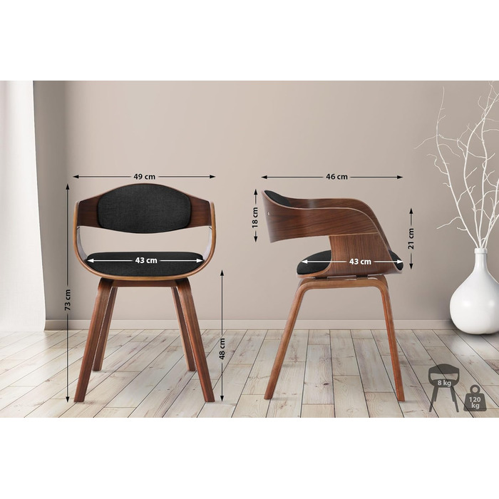 Обідній стілець CLP Kingston: ергономічний, з дерев'яним каркасом, 150 кг, горіх/темно-сірий