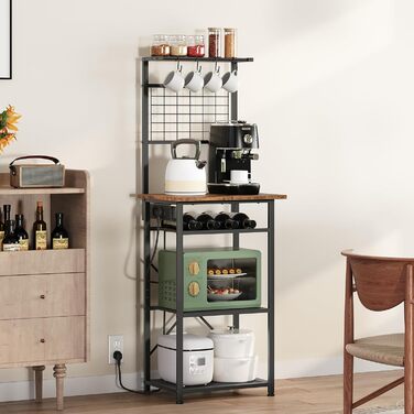 Стелаж для кухні з розетками, підлоговий, бакалійний, 35 x 48 x 135 см, 4 гачки, станція для кави з тримачем для пляшок та гачками, вінтажний коричневий та чорний ABRHR23UE01