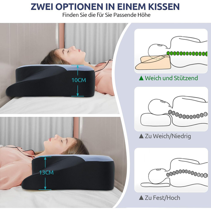 Подушка для шиї DONAMA, подушка для сну з піною з пам'яті, для тих, хто спить на боці, спині та животі, блакитна+чорна, 66×37×13 см