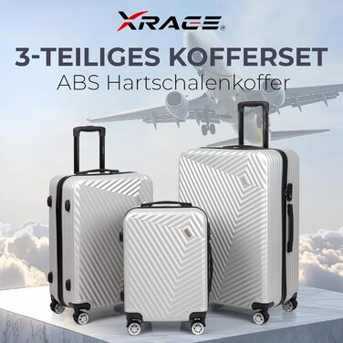 Набір валіз xRace 3-частинний ABS, 20/24/28 дюймів, ручна поклажа, TSA замок, 360° колеса, стійкий до ударів, преміум підкладка (срібний)