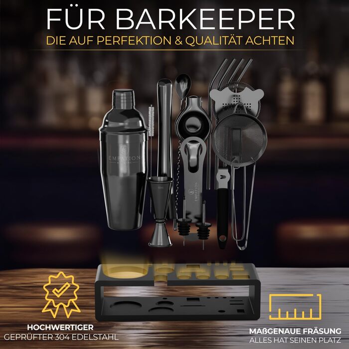 Набір для коктейлів Schwarz, 700 мл шейкер Cobbler з нержавіючої сталі, безпечне виливання, професійний набір шейкерів для коктейлів з підставкою та книгою рецептів, набір для барменів Signature Set чорного кольору