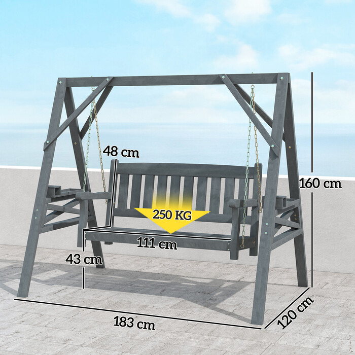 Двомісна садова гойдалка, дерев'яна лавка-гойдалка з полицями, тримачами для напоїв та металевими ланцюгами, сірого кольору