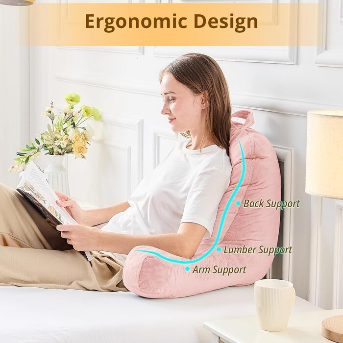 Підкуштунок Sasttie для читання з велюровою спинкою, подушка для підтримки спини для дорослих, з підлокітниками для читання на ліжку, дивані, підлозі, в гуртожитку, аксесуар для читання, персиковий, 18 дюймів, персиковий рожевий