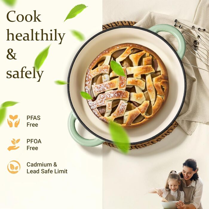 Чавунна казан-каструля Overmont з емалевим покриттям 26см, 5.2л, Bean Green — універсальний горщик для тушкування та запікання з кришкою та кулінарною книгою