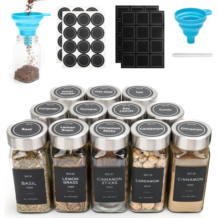Набір спецій 12 шт. 120мл, скляні контейнери для спецій з нержавіючою кришкою, з воронкою та етикетками, для організації спецій