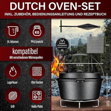 Набір чавунних казанів Essential Line для 3–6 осіб: казан 7,5 л та кришка 1,5 л, прожарений вогонь, з підйомником кришки, кільцем для чищення, пастою для догляду та книгою рецептів, гарантія 30 років