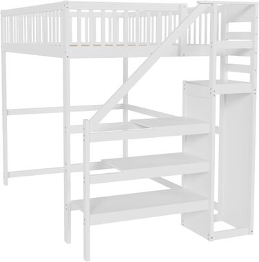 Ліжко-горище Merax для односпального матраца 140x200 см з шафою та сходами, масивне дерево, білий колір (без матраца)