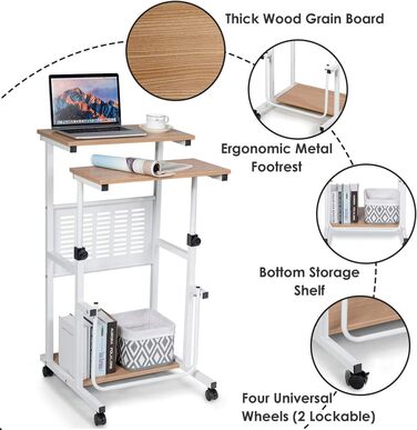 Стіл для сидіння 2-в-1 з регулюванням висоти, стіл для складання комп'ютерного столу з коліщатками, стоячий стіл 2 окремі робочі місця, стіл для ПК Робочий стіл з підставкою для ніг, нахилений стіл для ноутбука