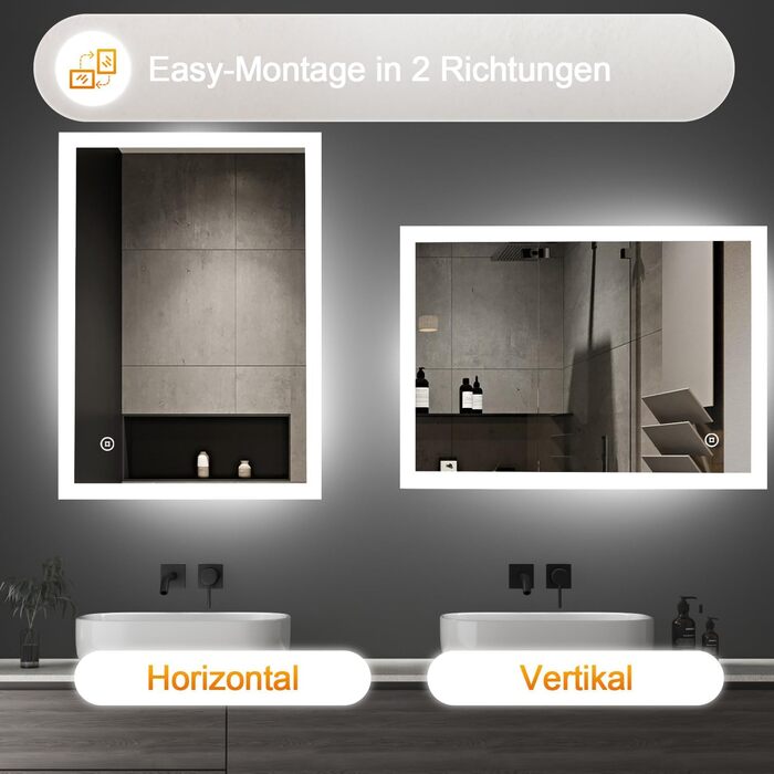 LED дзеркало для ванної кімнати Boromal 100x60 см з підсвічуванням, 3 кольори світла, диммування, сенсорне управління