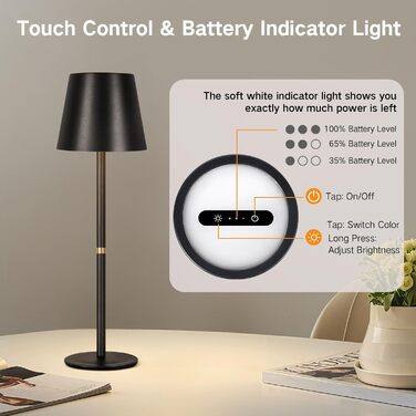LED-лампа настільна OUTON 2 шт. бездротова з LED-індикатором, сенсорне керування, 3 колірні температури, USB-C зарядка, IP54 водостійкість, 30 годин роботи – для дому та на подарунок, чорний