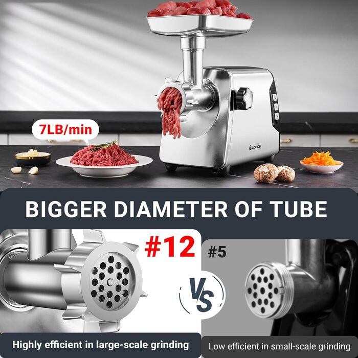 М'ясорубка електрична AAOBOSI #12 (3000 Вт, 3 швидкості) - професійна, з насадками для ковбас, кібе, бургера, 4 диски, 2 ножі, срібляста