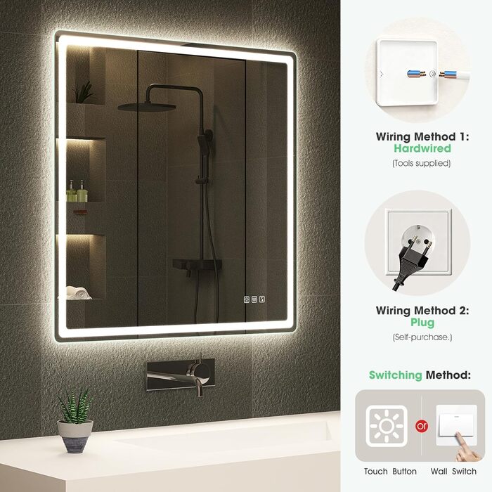 Дзеркало для ванної кімнати S'bagno з підсвічуванням Bluetooth, 100x70 см, LED, антизапар, регулювання кольору, пам'ять, HD скло, IP44, горизонтальне/вертикальне