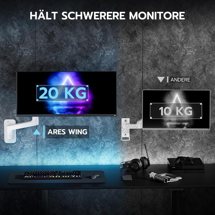 Кріплення для монітора ARES WING на стіну для LED/LCD моніторів 17-49 дюймів, до 20 кг, регульована висота, VESA 75/100, білий