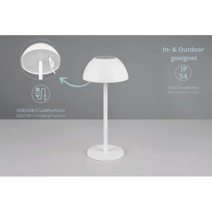 Бездротова настільна лампа Robert, LED, настільна лампа для дому та вулиці, диммування 4 рівнів, USB, 30 см, матовий білий