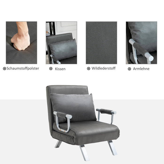 HOMCOM Диван-ліжко 3-в-1 Крісло-ліжко Гостьове ліжко Розкладний матрац Chaise Longue 65x69x80см Штучна Шкіра Сірий