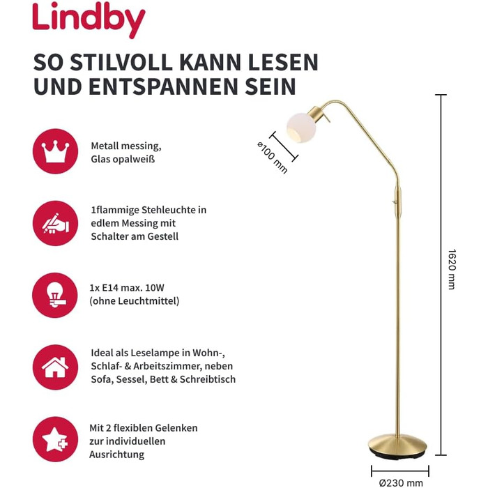 Світлодіодний торшер Lindby, регульований, латунний, 4.5W E14 змінний, світильник для вітальні