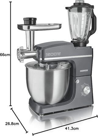 Кухонний комбайн HEINRICHS 3-в-1: міксер, кухонний прилад, м'ясорубка, 1500W, 6 швидкостей, 1.5л, 10л чаша, сірий