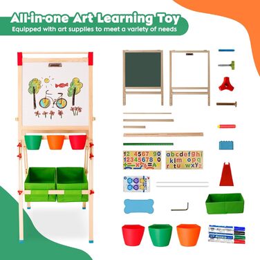 Дерев'яний мольберт Kinder для дітей з паперовою рулонкою, двостороннє Whiteboard та дошка. Регульована висота. З аксесуарами для малювання та навчання. Ідеальний подарунок для малюків.