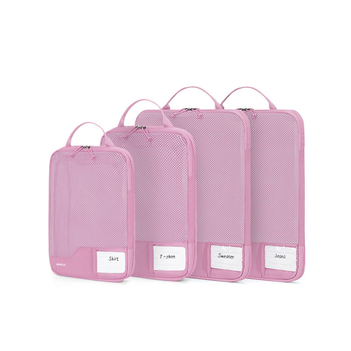 Набір органайзерів для валізи та рюкзака ECOHUB, 4 компресійні пакувальні куби з міцною сіткою та бирками, екологічні дорожні сумки для одягу (Рожевий)