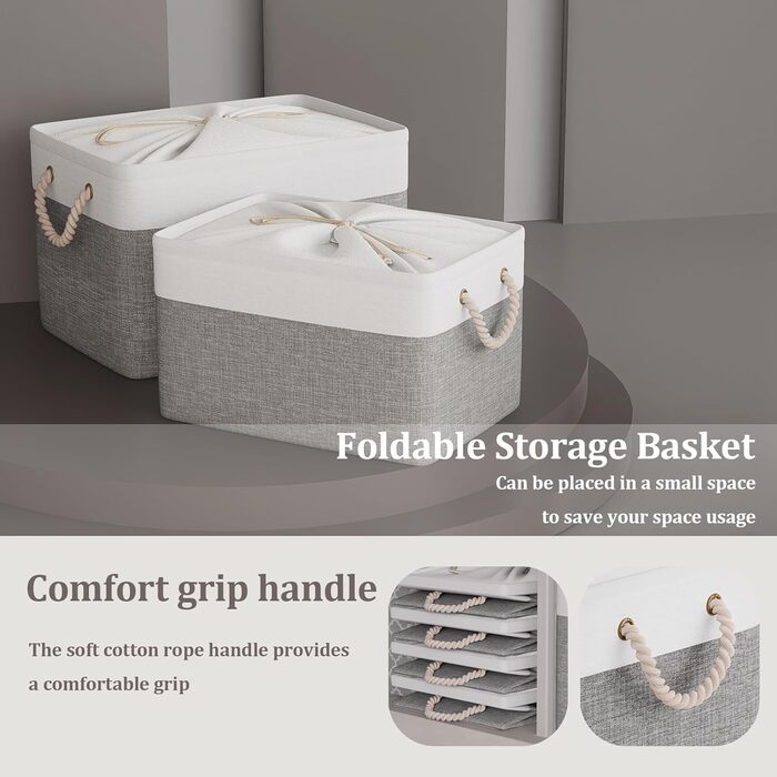 OUTBROS Коробки для зберігання (3 шт.) 33x23x20 см, тканинні, з шнурком та ручкою, складні, сірий/білий