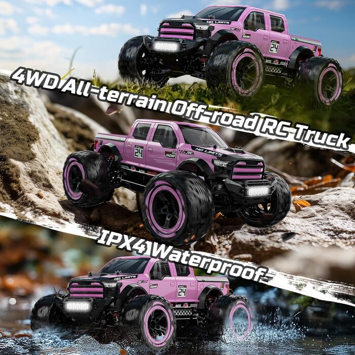 Радіокерований позашляховик DEERC 1:10 4WD 48+ км/год, Monstertruck для дорослих та дітей, рожевий, з 2 акумуляторами