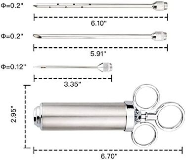 Шприц для м'яса Voarge з нержавіючої сталі 304, 3 голки, шприц для спецій, кухонне приладдя, 60 мл, вугільний гриль