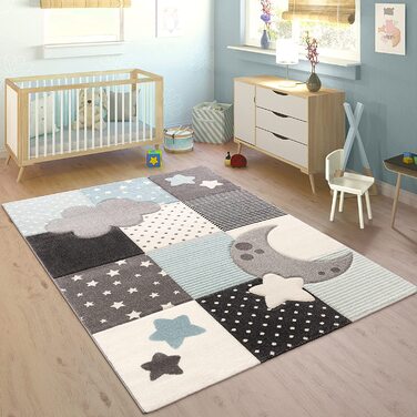 Дитячий килимок Дитяча кімната Картаті крапки Хмари Зірки пастельно-блакитного сірого кольору, розмір