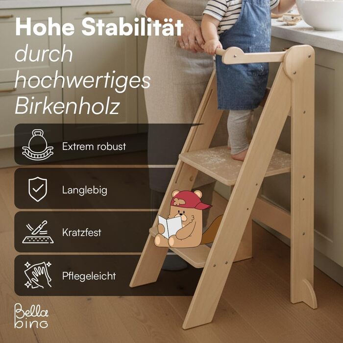 Bellabino Tay: Навчальний столик-лесенка для дітей від 1 року - Білий, регульований, Монтессорі, з захистом від перекидання, з натурального дерева, для безпечного самостійного навчання