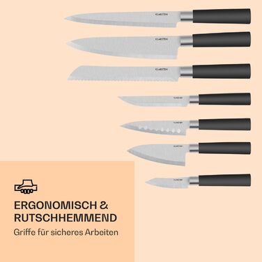 Набір ножів Klarstein Kitano, 8 предметів, з підставкою, преміум-якість, нержавіюча сталь, дерев'яна підставка, чорно-срібний