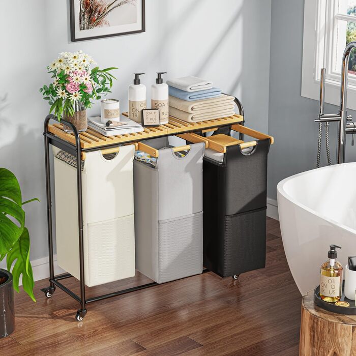 Кошики для білизни з сортуванням 3x40л, з висувними кишенями та роликами (Чорний/Білий)