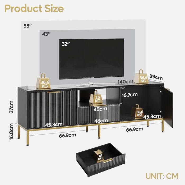 Тумба під ТВ Bestier для телевізора 55/60 дюймів, глянцево-чорна: сучасна медіа-консоль з полицями для вітальні та спальні