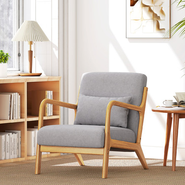 Елегантне крісло для відпочинку з дерев'яним каркасом та м'яким ґрунтом, оксамитова текстура, ідеально підходить для вітальні або спальні, сірого кольору.