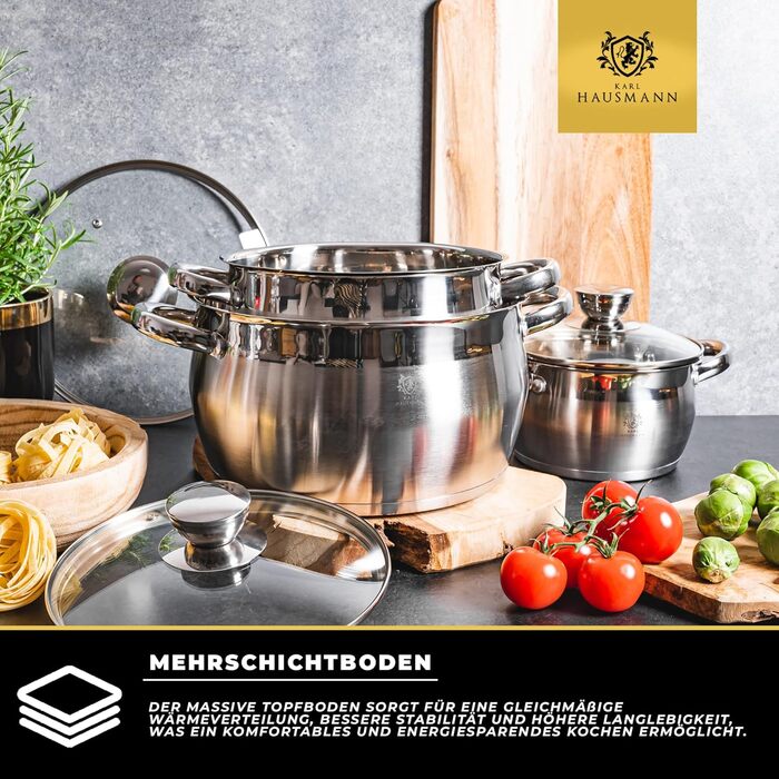 Набір каструль Karl Hausmann 3 шт. з нержавіючої сталі для індукційних та інших плит з кришкою з термостійкого скла та мірною шкалою