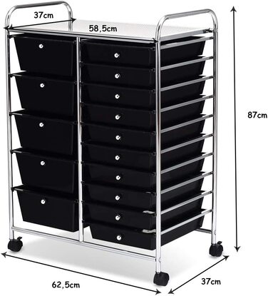 Візок COSTWAY з 15 ящиками, металевий каркас, полиця, 62.5x37x87 см, чорний, 5 великих 10 маленьких