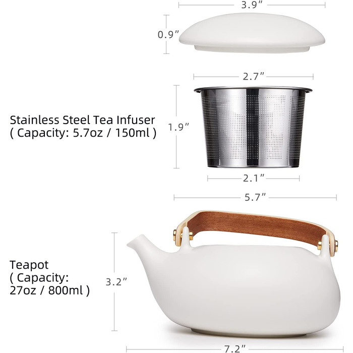 Чайник Zens порцеляновий з ситечком, матовий японський чайний сервіз з дерев'яною ручкою, керамічний, 800 мл, білий маленький чайник, подарунки для сипучих