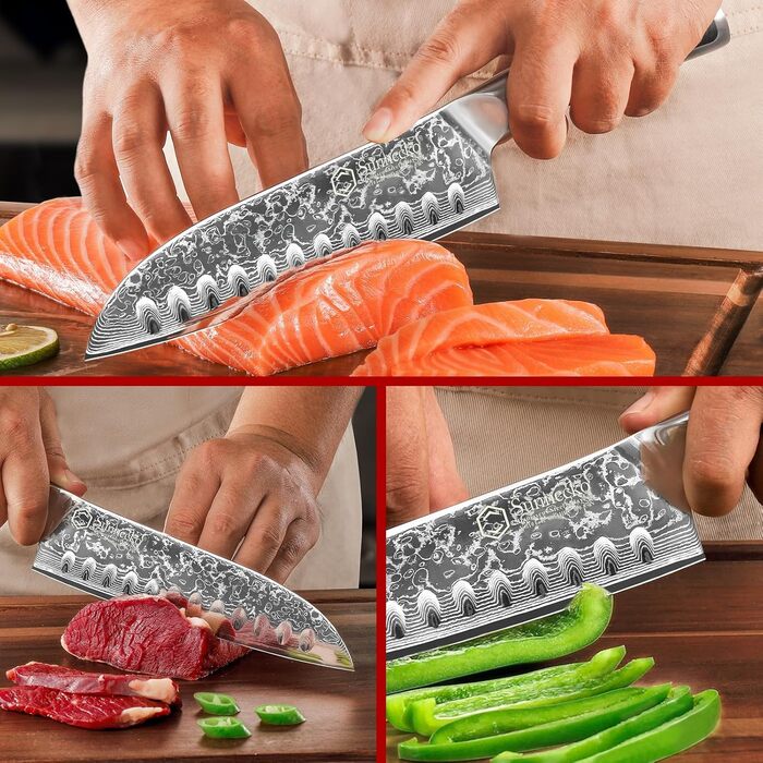 Ніж Sunnecko Дамаск - кухонний ніж. Гострий ніж з дамаської сталі. Азіатський універсальний кухонний ніж для дому та кухні з ергономічною ручкою (7 дюймів Сантоку)
