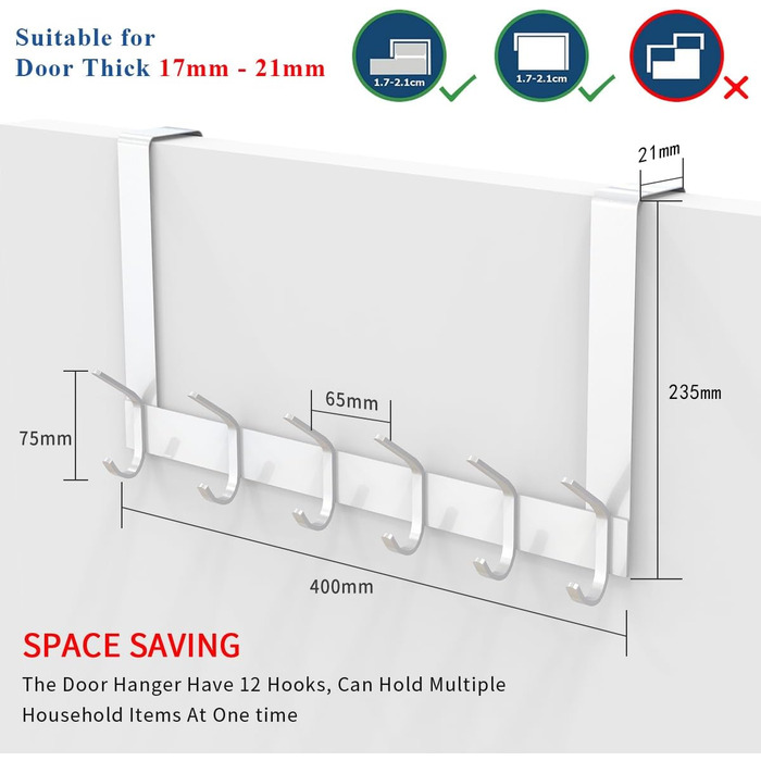 Дверні гачки YUMORE з 12 міцними гачками з нержавіючої сталі для спалень, пальто, курток, гаманців, сумок, одягу та рушників (нержавіюча сталь 304, ) (до 2,1 см, білий-2,1 см)
