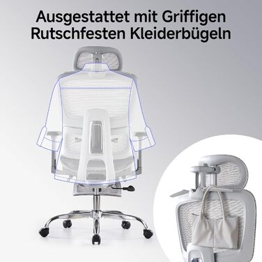 Ергономічне крісло для офісу з підніжкою та подушкою для шиї, 5-рівнева регульована спинка, 2D підтримка попереку, 3D підлокітники/підголівник, функція нахилу 145°, сітчасте сидіння, гумові колеса (Сірий, Lite)