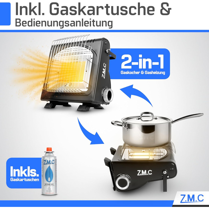 Мобільний газовий нагрівач та плита 2-в-1 Z.M.C. для кемпінгу, тераси, саду та балкону. Керамічний нагрівник 1,7 кВт з Piezo-запалюванням